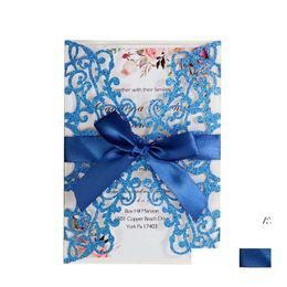 Greeting Cards Glitter Wedding Invitation Flower Hollow Laser Cut Elegant Engagement Card With Rope And Envelope Rre13349 Drop Deliv Otevb