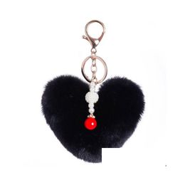 Keychains Lanyards Cute Keychain Llaveros Mujer Fake Rabbit Fur Heart Pearl Pompom Key Chain Women Girl Bag Cars Fluffy Keyring Je Dhcmq