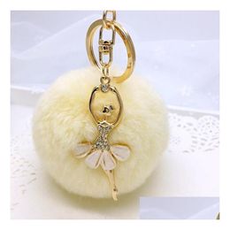 Keychains Lanyards 17 Colour Fashion Snow Ball Keychain With Ballerine Key Ring High Quality Rabbit Hairball Bag Accessories Car Pe Dhdci