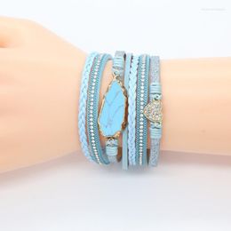 Link Bracelets Light Yellow Gold Color Irregular Shape Blue Turquoises Stone Connect Leather Bracelet For Women Jewelry Chain