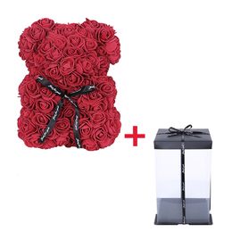 Dried Flowers 25cm Teddy Rose Bear With Box Artificial PE Flower Valentine's Day Girl Friend Women Mother's Gift Wedding Brithday Party 230111