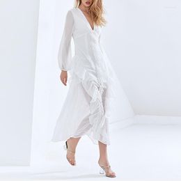 Casual Dresses Women Dress White Long Sleeve Spring Summer Clothes Embroidery Ruffles See Through Bridesmaids Wedding Female