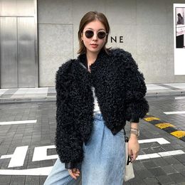 Women's Wool & Blends Coats Lambswool Short Jackets Mujer Black Femme Winter Warm Outerwear Elegant Overcoat Long Sleeves Baseball Uniforms