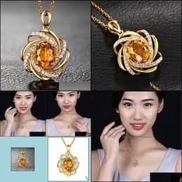 Pendant Necklaces Yellow Crystal Citrine Gemstones Diamonds For Women Gold Tone Choker Chain Jewellery Necklace Drop Delivery Pendants Dhi2M