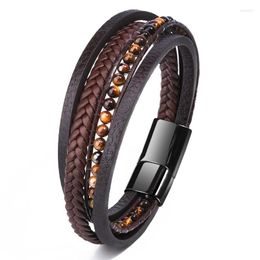 Charm Bracelets 2023 Fashion Jewelry Hand-Woven Tiger Eye Natural Stone Stainless Steel Men's Bracelet Leather Beaded Titanium