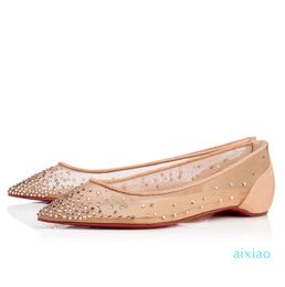 Marcas de Moda Sandálias Femininas Follies Strass Flat Ballerinas Sexy Lady Nude Grid Branco Fechado Bico Pontudo Strass Famoso Comfort Ballet Sandal