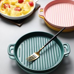 Plates Colourful Ceramic Pizza Stripe Round Fruit Dish Candy Dinner Handle Cake Pan Bread Baking Tray Dessert Bowl