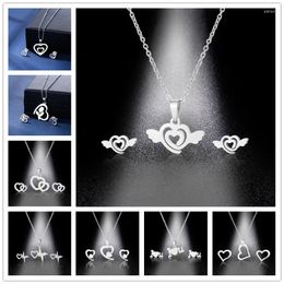 Necklace Earrings Set 45cm Stainless Steel Sliver Plated Earring For Women Man Rose Heart Choker Pendant Engagement Jewellery