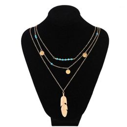 Chains Blue Beaded And Leaf Multi-layer Necklace Gold Colour Women Necklaces Bohemia Style Choker Sequined Layered Jewellery Fashion Gift