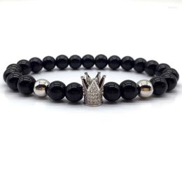 Charm Bracelets Fashion Men Bracelet Pave CZ King Crown Black 8mm LAVA & Matte Stone Bead For Women Luxury Jewelry Gift