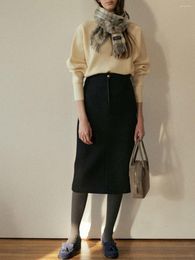 Skirts Elegant Women Woolen Midi Skirt Autumn Winter Fashion Lady Black Straight Long Package Hip Jupes