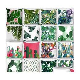 Pillow Case Fashion Rainforest Leaves Africa Tropical Plants Hibiscus Flower Throw Soft Cotton Chair Sofa Cushion Er 45X45Cm Drop De Dhgcw