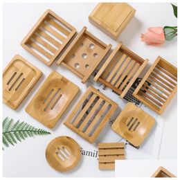 Soap Dishes Dish Holder Wooden Natural Bamboo Simple Rack Plate Tray Round Square Case Container F05163202 Drop Delivery Home Garden Dhkxh