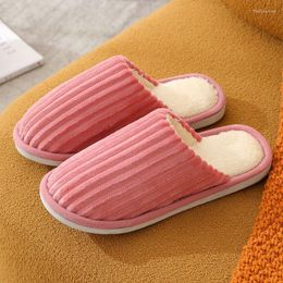 Slippers 2023 Women Home Plain Striped Autumn Winter Warm Thick Plush Non-Slip Leisure Slides Soft Bedroom Floor Flat Shoes