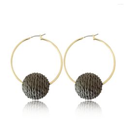 Hoop Earrings Fashion Gold Colour 46mm With Raffia Warpping Ball Decorate For Bohemian Women