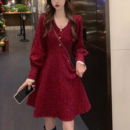 Casual Dresses WKFYY Elegant Plus Size Red Lace Spliced V-Neck Bright Silk Lantern Sleeve Slim A-Line Maxi Knee Dress Christmas D4201