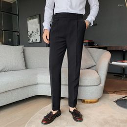 Men's Suits White Pleated Hight Waist Pencil Mens Pants Ankle Length Wedding Groom Suit Men Slim Fit Trousers For Man