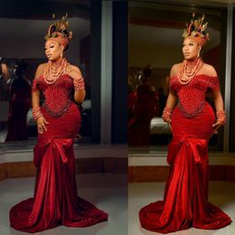 Elegant Red African Dubai Evening Dresses Off The Shoulder Beading Mermaid Prom Dress Bow Velvet Formal Party Gowns