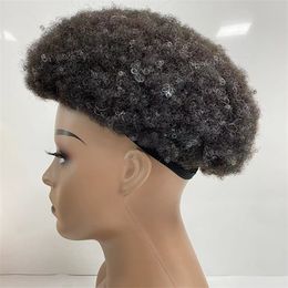 Brazilian Virgin Human Hair Piece 4mm Afro Kinky Curl Toupee PU with Front Lace Unit for Black Men