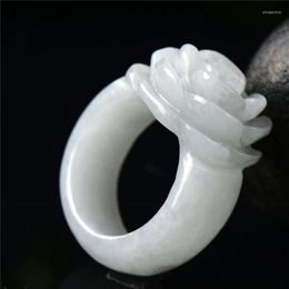 Cluster Rings Natural White Jade Emerald Rose Flower Ring Hand-Carced Chinese Charm Jewelry Gifts For Women