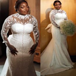 2023 Plus Size Mermaid Wedding Dresses Bridal Gown Pearls Beaded Long Sleeves Lace Applique High Neck Ruffles Custom Made Vestidos de novia