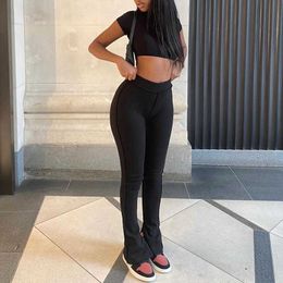 Two Piece Dress Echoine Push Up Black Short Sleeve Tshirt Crop Top and Pants Set Flare Pants Two Piece Set Tracksuit Street Matching Set Summer T230113