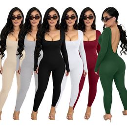 Wholesale Long Sleeve Jumpsuits Women Fall Winter Clothes Bodycon Rompers Solid Jumpsuits One Piece Outfits Sexy Skinny Backless leggings Casual Streetwear 9183