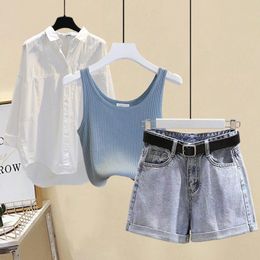 Women's Tracksuits Women 2023 Summer Sun Protection Blouse Shirt Denim Jeans Pants Camisole Tops Female Fashion Casual Three-piece Suit N29W