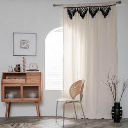 Curtain Semi Blackout Beige Cotton Linen Rod Solid Farmhouse Triangle Tassel Bedroom Living Room Kitchen Door Decorative Valance