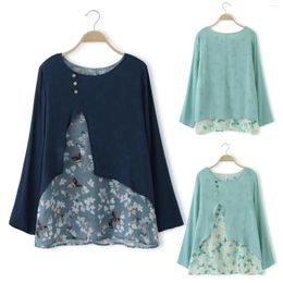 Women's Blouses Ladies Two Piece Floral Long Sleeve Shirt Top Round Neck Printed Cotton Linen