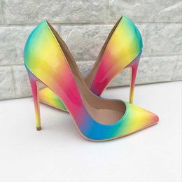 2023 Rainbow High Heelscolorful Rainbow Printed Pointed Toe Stiletto High Heels Woman Lady Female 12cm 10cm 8cm High Heel Shoes Pump