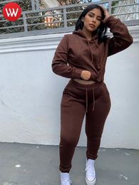 Womens Tracksuits LW Autumn Two Piece Women Workout Suits Hooded Kangaroo Pocket Drawstring Tracksuit Set Sporty HoodieLeggings Matching Outfits 230113