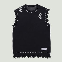 Men s Vests Distressed Knitted Sweater Vest Streetwear Vintage Harajuku Hole Fringed Sleeveless Oversized Casual Pullover Unisex 230112