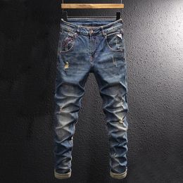 Men's Jeans Italian Style Fashion Retro Blue Elastic Slim Fit Destroyed Ripped Vintage Designer Casual Denim Pants Homme 230113