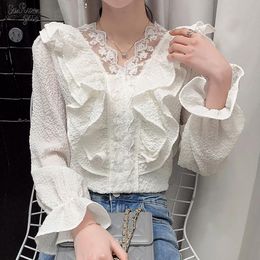 Women's Blouses & Shirts Fashion Female Vintage Slimming Cotton Linen Blouse Ruffled V-neck Lace Shirt Solid Sweet Flare Sleeve Woman&