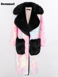 Nerazzurri Winter Long Oversized Thick Warm Luxury Fluffy Tie Dye Faux Rabbit Fur Coat Women with Black Collar and Pockets 230112