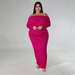 Plus Size Dresses Sexy Pleated Bodycon Max Party Dress For Women Slash Neck Ruched Long Sleeve Skinny Full Length Vestidos Lady Robes