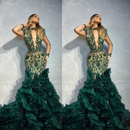 Sexy Mermaid Prom Dresses V Neck Sleeveless Halter 3D Lace Hollow Beaded Appliques Sequins Floor Length Folds Train Layer Evening Dresses Plus Size Custom Made