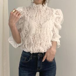 Women's Blouses & Shirts Women Fashion Blouse 2023 OL Elegant Chic Mesh Lace Crochet Flower Stand Collar Puff Sleeve Hollow Out Tops Female