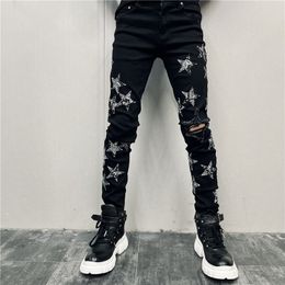 Men's Jeans Pentagram Star Pattern Trend Versatile Simple Men Paisley Print Patchwork High Street Black Motorcycle Pant 230113