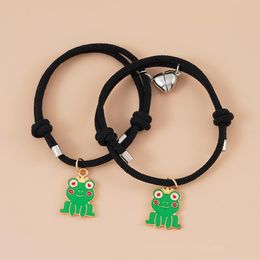 Charm Bracelets 2PCS Cute Frog Magnet Attract Dinosaur Pendant Couple Bracelet Friend Elastic Wrist Chain Butterfly Hair Band