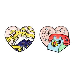 Pins Brooches Lovely Cartoon Heart Shaped For Women Landline Phone Lapel Pins Little Girls Funny Call Me Enamel Paint Badges Denim Dhebg