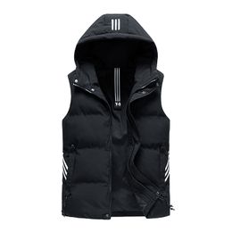 Men s Vests Hooded Winter Men Solid Striped Padded Windproof Warm Sleeveless Jacket Homme Casual Waistcoat Thicken Parkas Male 230112