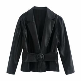 Women's Jackets Nice Vintage Woman Black Leather Sashes Short Spring Ladies Puff Sleeve Coats Female Cool V Neck PU Outwear