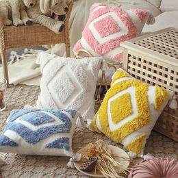 Pillow Cover 45x45cm Moroccan Style Tuft Tassels Handmade Decoration Diamond Ivory Pink Blue Yellow For Sofa Bed