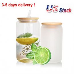 3 days delivery 16oz Sublimation Glass Beer Mugs with Bamboo Lid Straw DIY Blanks Frosted Clear Can Tumblers Heat Transfer Cocktail Iced Coffee Soda Whiskey ss0113