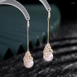 Stud Earrings 2023 Beautiful CZ Crystal Dangle Drop Long Pearl For Women Delicate Party Engagement Jewellery Gold Color Hook Earring