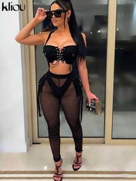 Two Piece Dress Sexy Seductive Two Piece Set Women Skinny Ribbons Lace Up Crop Tops Mesh Patchwork See Through Pants Matching Clubwear T230113