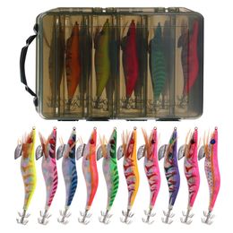 Baits Lures 10Pcsbox 12g 15g 20g Fishing squid bait Wooden luminous Shrimp jigs fishing lures hook Artificial with double plastic box 230113