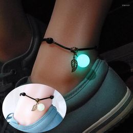 Anklets Huitan Trendy Luminous Bead Anklet Bracelet For Women/Men Adjustable Rope Leaf Pendant Creative Gift Jewelry Red/Black Chains